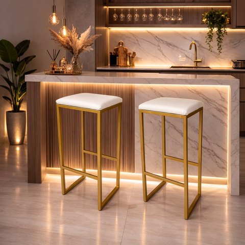 Kit 2 Banqueta Alta Industrial Dourada P/ Balcão, Bistro, Cozinha Assento Branco