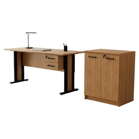 Mesa de Escritorio 2 Gavetas Balcao 2 Portas para Escritorio Amendoa Preto Tecno Mobili