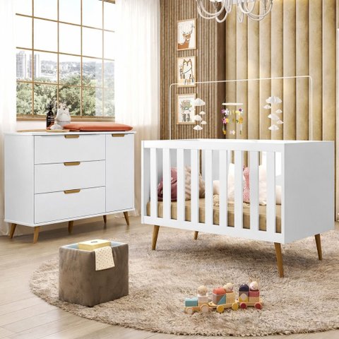 Cômoda Fraldário Melinda 3 Gavetas + Berço Mini Cama Ana 3 em 1 Branco + Colchão Prorelax