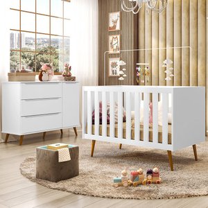 Cômoda Fraldário Melinda 3 Gavetas + Berço Mini Cama Ana 3 em 1 Branco + Colchão Prorelax