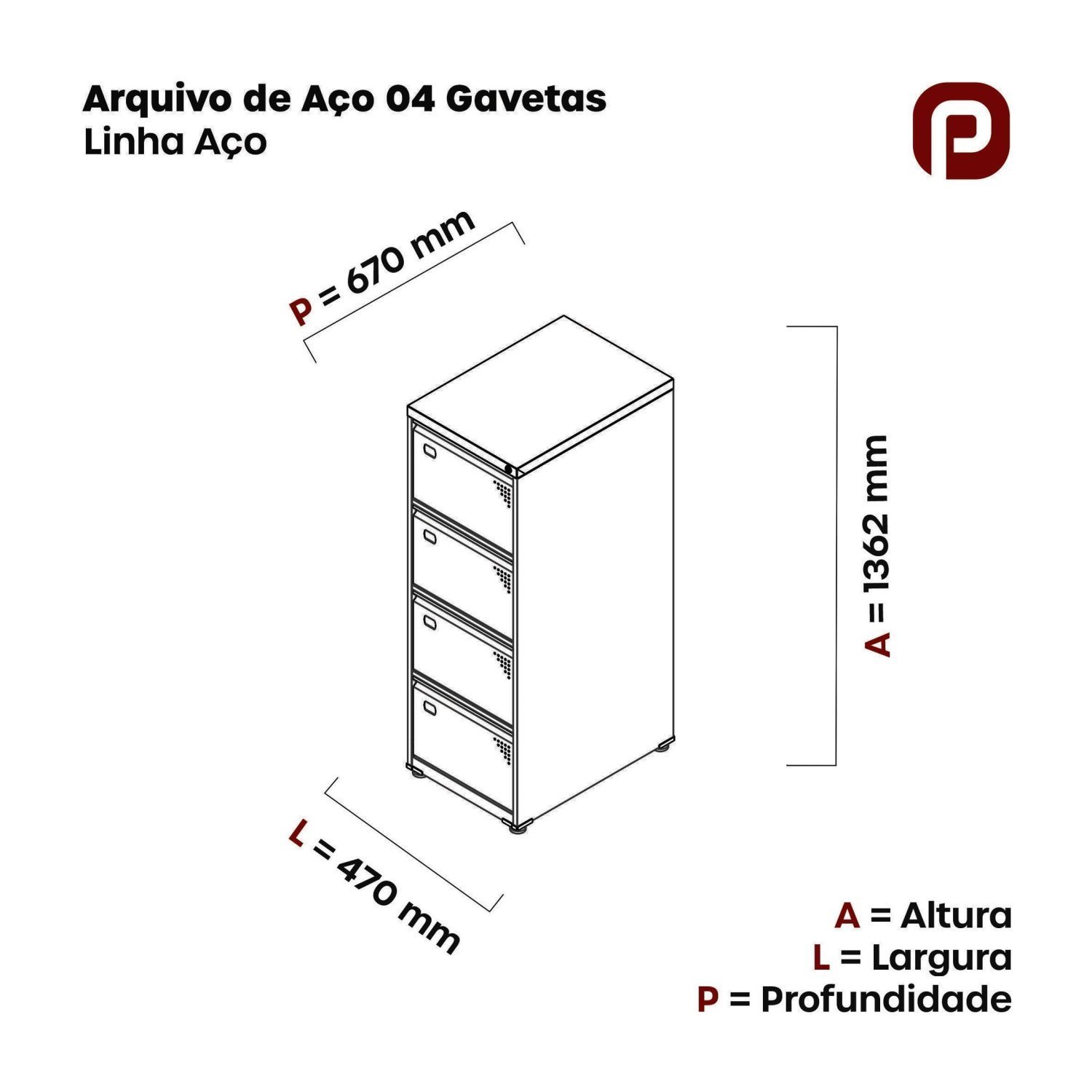 Gaveteiro Arquivo de Aço 4 Gavetas OF04SCTCM  - 2