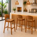 Ver imagem 1 de Kit 3 Banquetas Alta Madeira Maciça Encosto Estofado Corino Bancada Área Gourmet Movellu Home