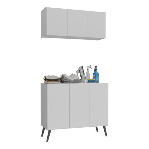 Conjunto Lavanderia Retrô Multiuso Armário Aéreo e Balcão 3 Portas Multimóveis Mp5050 Branco/