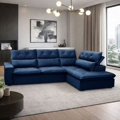 Sofá 3 Lugares Retrátil Reclinável Chaise Direito 258cm Bergen F04 Veludo Azul - Lyam Decor