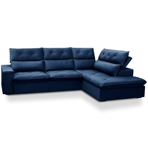 Sofá 3 Lugares Retrátil Reclinável Chaise Direito 258cm Bergen F04 Veludo Azul - Lyam Decor