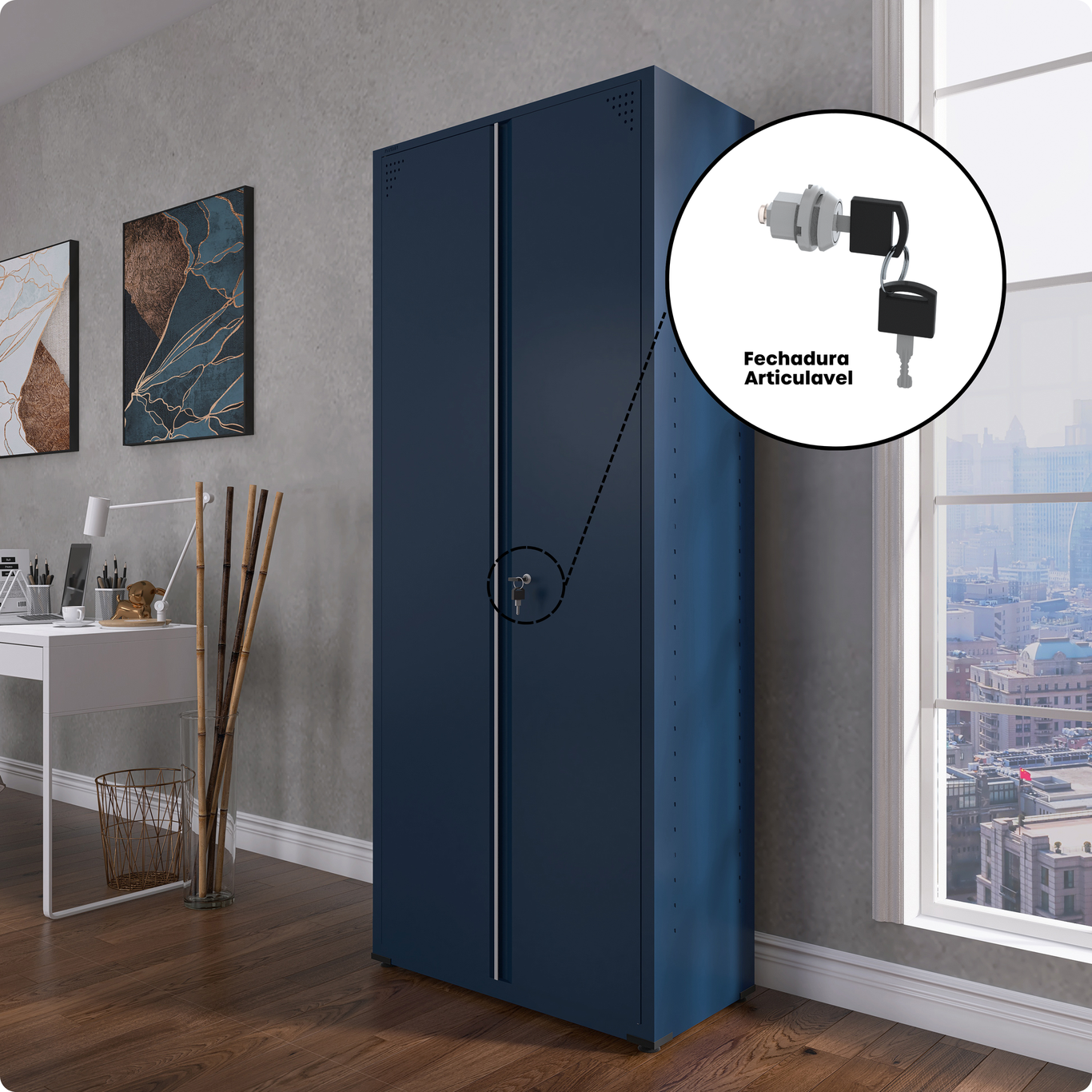 Armário para Escritório 2 Portas com Chave Aço 4 Prateleiras Azul
