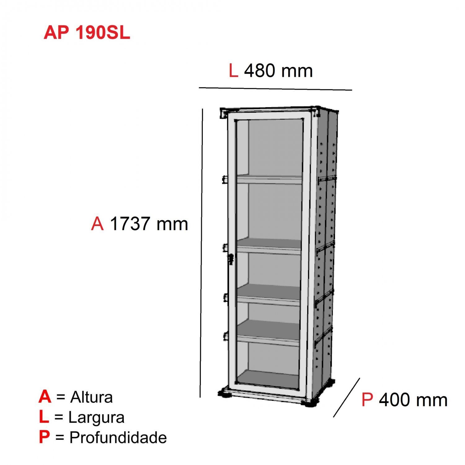 Armário 1 Portas com moldura 4 Prateleiras AP190SL Aço  - 6