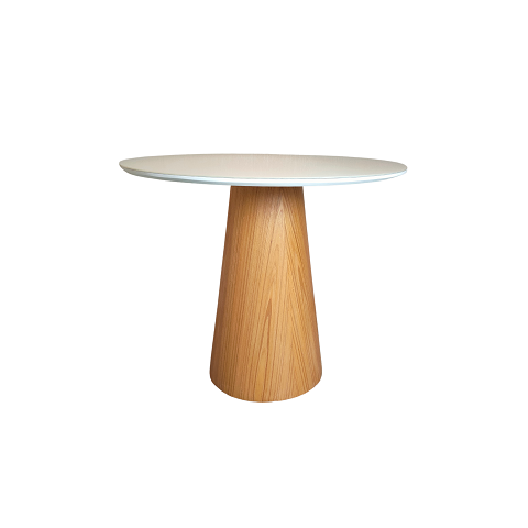 Mesa de Jantar Cone 80 cm Base Madeira Freijó Tampo Laca Branca + Vidro