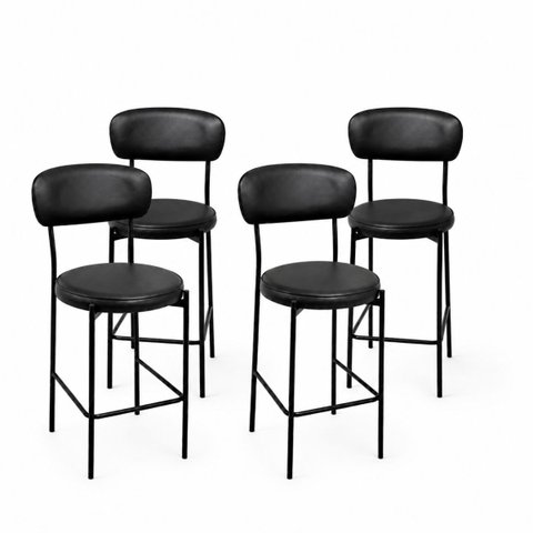 Banqueta Média Antonella 65cm Preta com Encosto e Estrutura em Aço Kit 4 Unidades