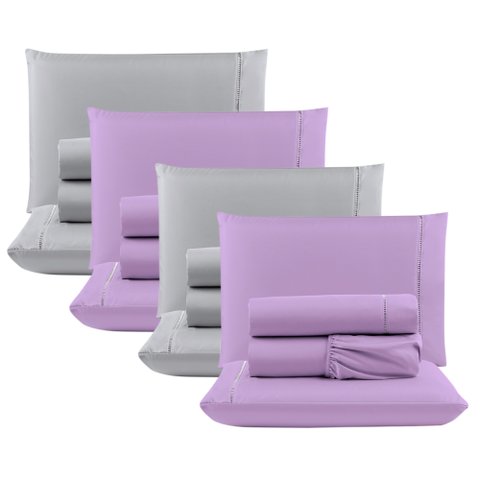 Kit c/ 4 Jogos Cama Lençol Unique Casal Padrão Micro Percal 400 Fios Ponto Palito 4 Peças - Lilás + 