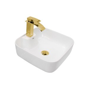 Kit Cuba Pia Louça Cerâmica Banheiro C/Torn e Vál Dourada 46