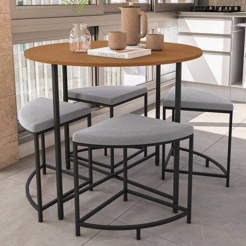 Mesa Sala de Jantar Redonda com 4 Banquetas Estofadas Canela/preto Fosco