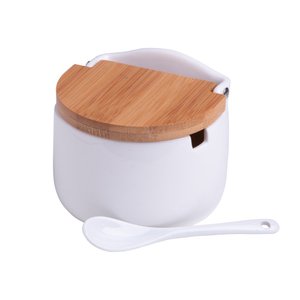 Saleiro de Mesa de Cerâmica com Tampa de Bambu e Colher Bianco 10cm X 9,5cm X 9,5cm - Lyor