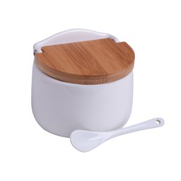 Saleiro de Mesa de Cerâmica com Tampa de Bambu e Colher Bianco 10cm X 9,5cm X 9,5cm - Lyor - 2