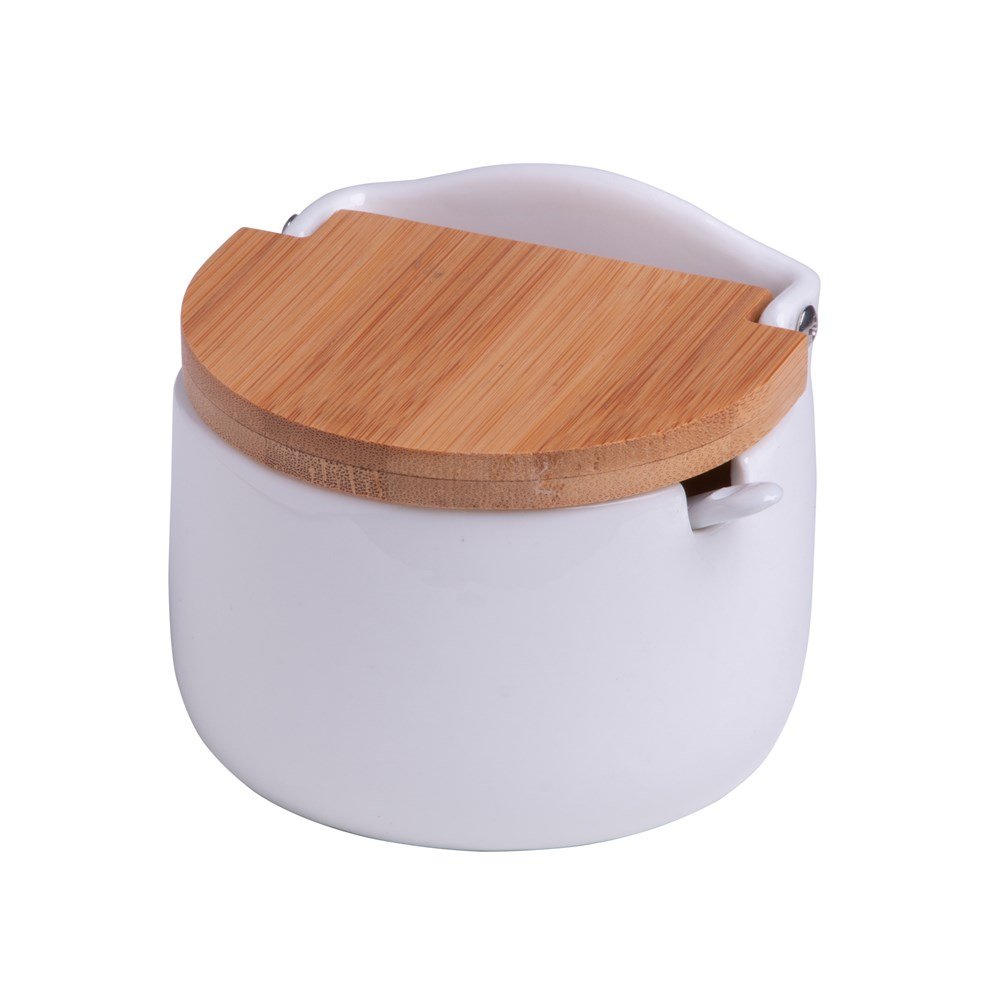 Saleiro de Mesa de Cerâmica com Tampa de Bambu e Colher Bianco 10cm X 9,5cm X 9,5cm - Lyor - 6