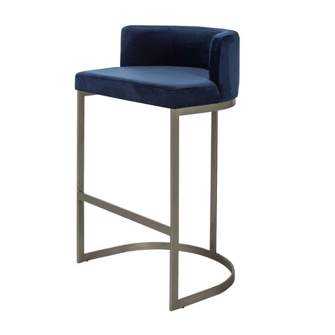 Banqueta Alta Estofada Estrutura Aço Carbono Belly Ii Base Champagne 65cm Suede Azul