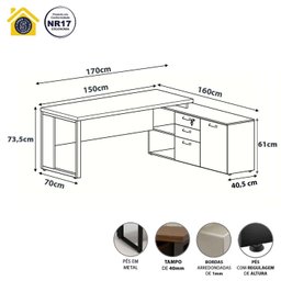 Mesa de Escritório Diretor em L Industrial 170cm Pés Metal - 1