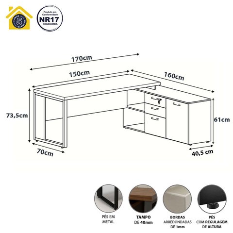 Mesa de Escritório Diretor em L Industrial 170cm Pés Metal