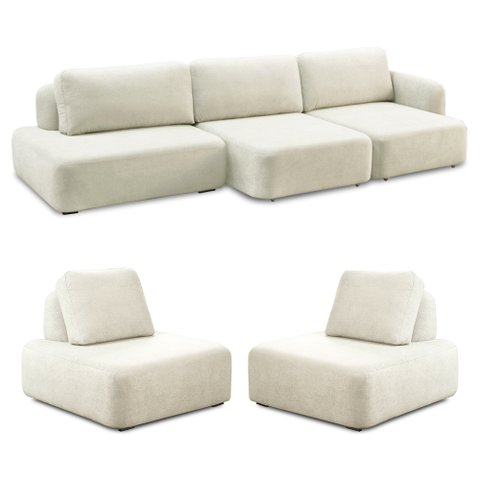 Conjunto Sala de Estar 1 Sofá Retrátil Modulado 402cm e 2 Poltronas Santiago Bouclê Branco G89 - Gra