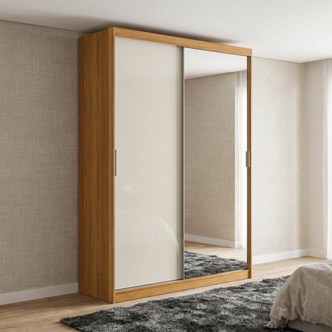 Guarda-Roupa Casal 100% MDF com Espelho 2 Portas de Correr 3 Gavetas Marrom Off-White Linha London