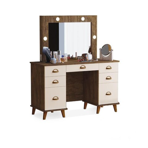 Penteadeira Ayla 7 Gavetas com Espelho com LED MDF Malbec Off White Luapa Móveis