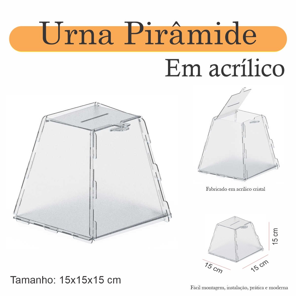 Urna Acrílico Sorteio Caixa Sugestões Pirâmide 15 X 15 Cm