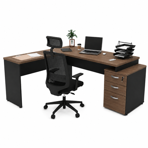 Conjunto Mesa Pedestal em L com Gavetas e Cadeira de Escritório Ergonômicas - Nogal/Preto