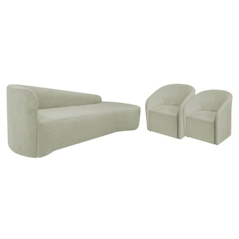 Kit Sofá Curvo França 180cm Ld. e 2 Poltronas Luiza Max Conforto, Bouclé Verde Oliva