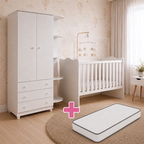 Kit Quarto de Bebê Doce Sonho com Berço para Mosquiteiro Guarda Roupa 2 Portas e Colchão 130x60 Move