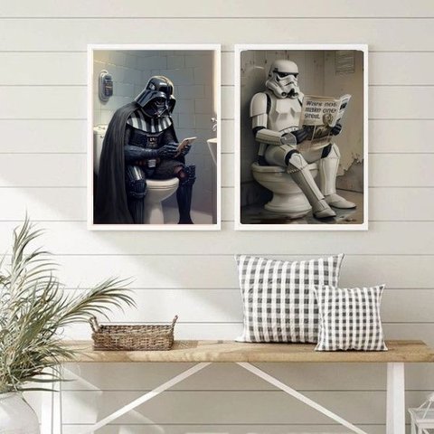 Kit 2 Quadros Banheiro Divertido do Darth 45x34cm - com Vidro:moldura Branca