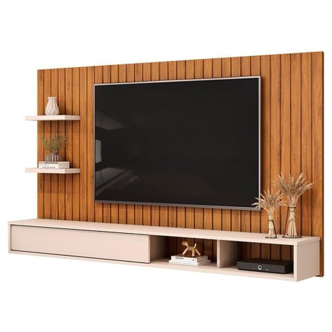 Painel Ripado Tv 60 Pol com Bancada Suspensa 179cm Joan D05 Freijó Off White - Lyam Decor