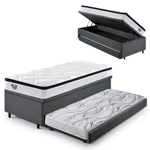 Bicama Box Baú Linho Cinza 88x188 com Colchão Molas Ensacadas Cama Inhouse Ecoflex