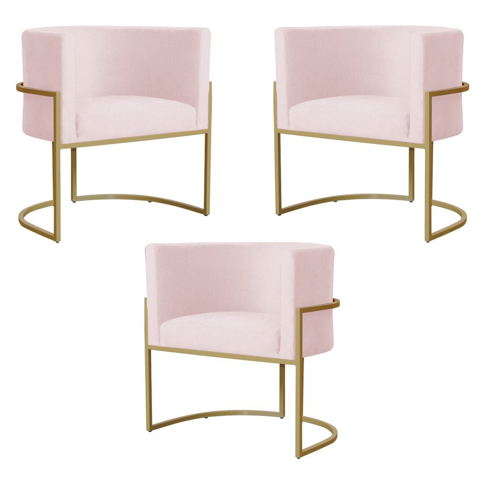 Kit 3 Poltronas Decorativa Sala de Estar Luana Base Gold Suede Rosa Claro - Montanaris Decor MD MONT - 1