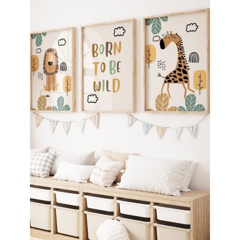 Kit 3 Quadros Decorativos Infantil Animais Safari No17