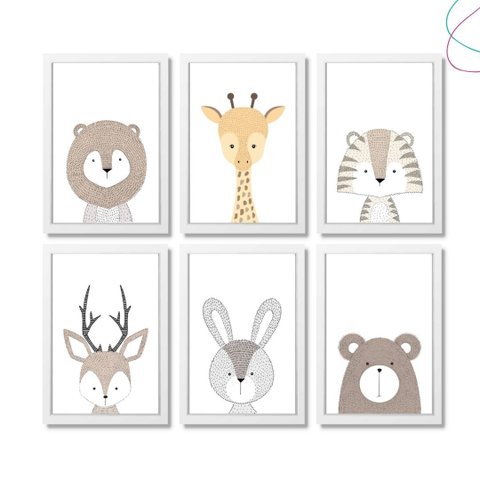 6 Quadros Decorativos Moldura e Vidro Animais Escandinavos:branca