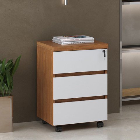 Gaveteiro para Escritório 3 Gavetas com Chave e Rodízios Freijó/branco