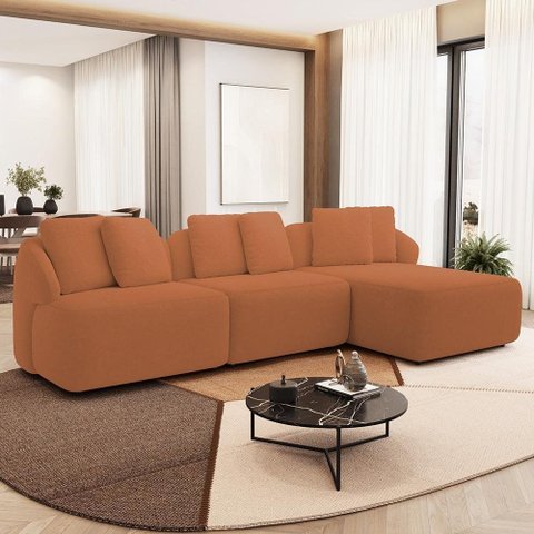 Sofá 3 Lugares com Chaise Direito Sala Living 248cm Arlo F04 Bouclê Terracota - Lyam Decor