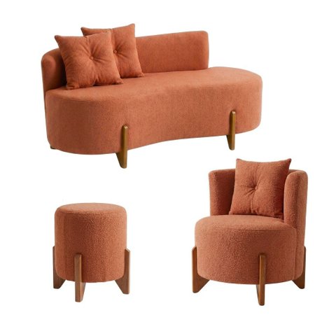Kit Decorativo Sofá Curvo Orgânico + 01 Puff e Poltrona Luna Boucle Terracota - Montanaris Decor
