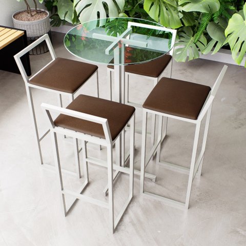 Conjunto Mesa Alta Bistrô Redonda Vidro 4 Banquetas Estofado Ind White Don Castro