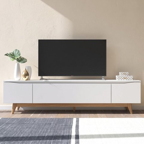 Rack para TV até 75 Polegadas 220cm Pés em Madeira Maciça Flynt Off White/Natural