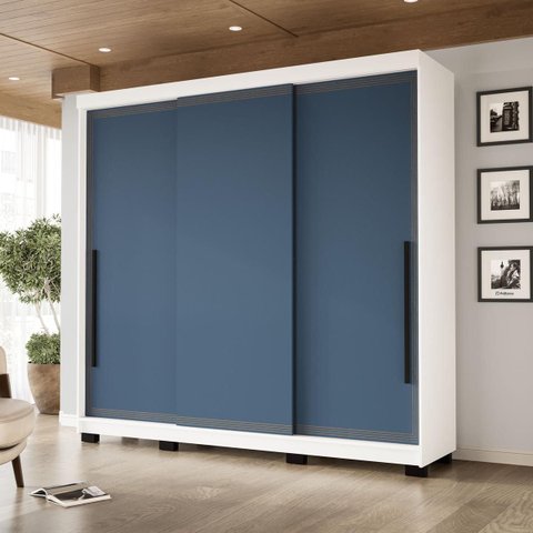 Roupeiro Valência 3 Portas Correr 4 Gavetas 217x213cm Branco/Azul 240837