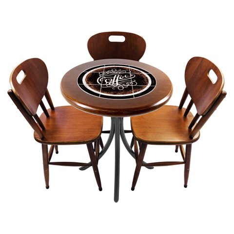Cj Mesa Madeira Azulejo 60cm - Bistrô Fixa 78cm + 3 Cadeiras 43 - Natural - Coffee