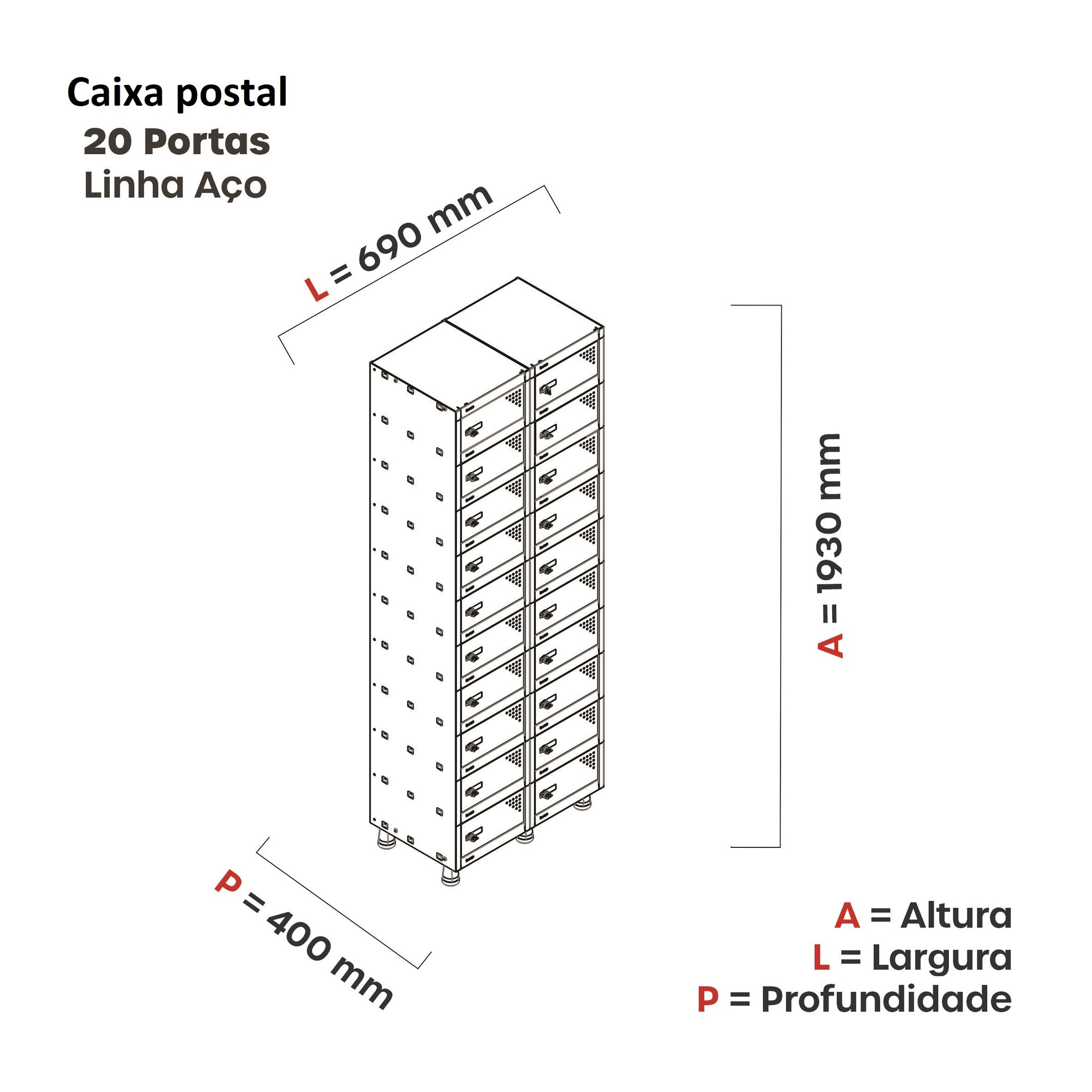 Armário Guarda Volume Locker Caixa Postal 20 Portas Aço ACPP 502/20  - 3