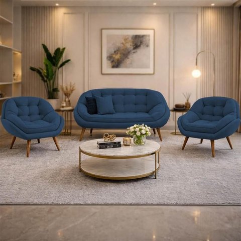 Kit Namoradeira e 2 Poltronas Chicago Veludo Azul Marinho Pés Palito - Pallazio