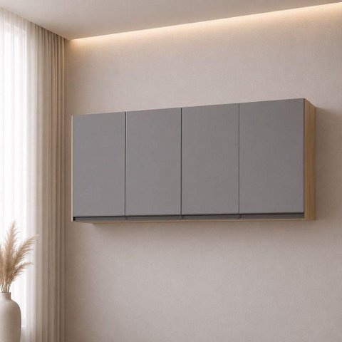 Armário Aéreo Modulado Essenza 4 Portas de Bater MDP-MDF Carvalho Andorra-Cinza Puro Luciane Mó