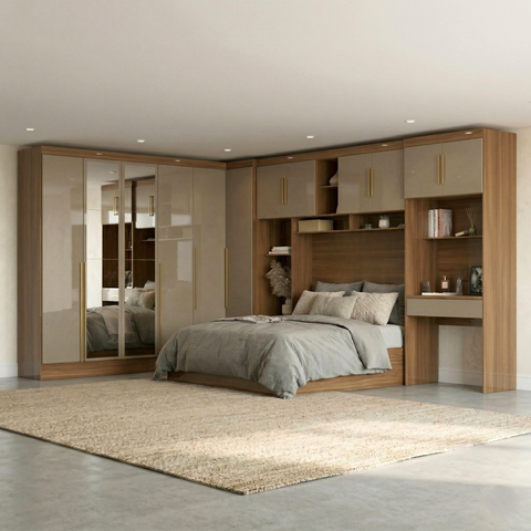 Guarda Roupa Casal Modulado 5 Peças 12 Portas com Espelho, Cabeceira e Escrivaninha 100% MDF Smart C