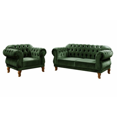 Kit Namoradeira Duquesa Chesterfield 2 Lugares + 1 Poltrona - Veludo Verde