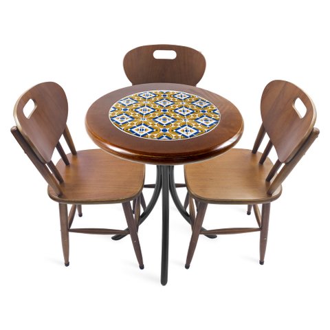 Cj Mesa Madeira Azulejo 60cm - Bistrô Fixa 78cm + 3 Cadeiras 43 - Natural - Anos Dourados