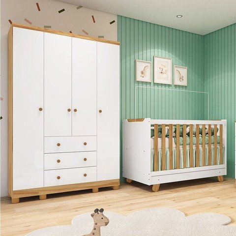 Quarto de Bebê com Guarda-Roupa 4 Portas e Berço 4 em 1 Minicama 100% MDF Mike Espresso Móveis Branc