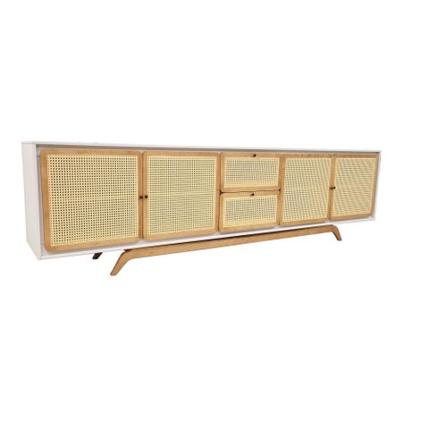 Balcão Buffet Ricco 273 Cm 4 Pts 2 Gavetas Laca com Palhinha Off White